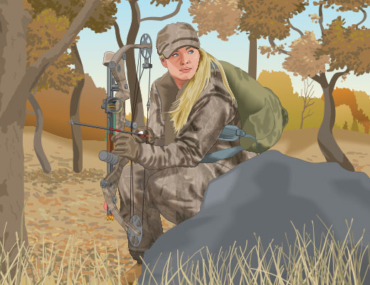 Illustration of a female hunter crouched behind a rock with a compound bow. 