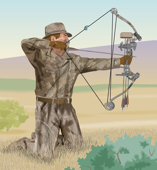 Illustration a hunter kneeling while drawing a compound bow. 