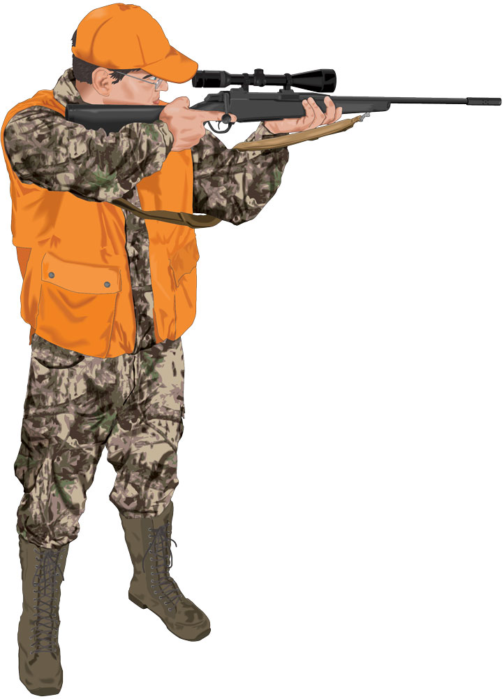 Illustration of a hunter in a firing stance aiming a firearm, precision vs. accuracy for hunters. 