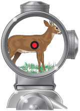 Illustration of a rifle scope and dot reticle placed on a deer, precision vs accuracy concept. 