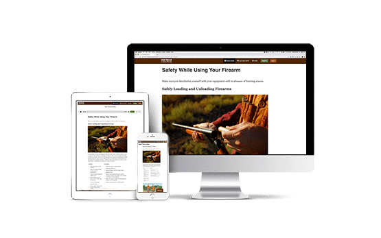 A Hunter-Ed hunting safety course on screens of multiple devices.