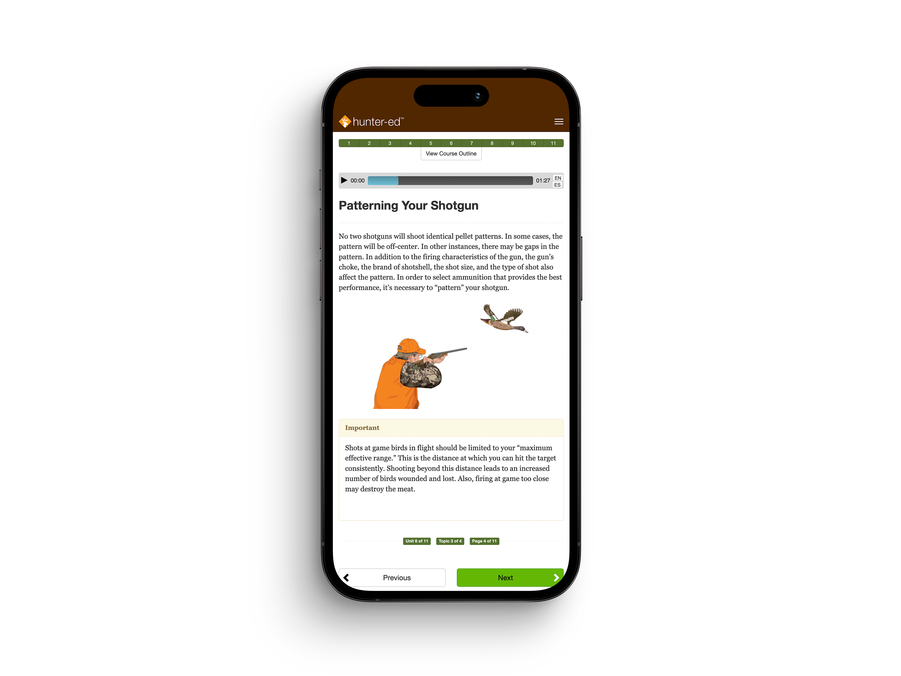 Illustration of a Hunter-Ed hunter safety course on a mobile phone. 