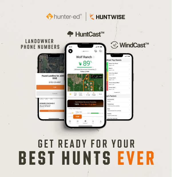 Graphic showing a 30-day trial for HuntWise for Hunter-Ed students. 