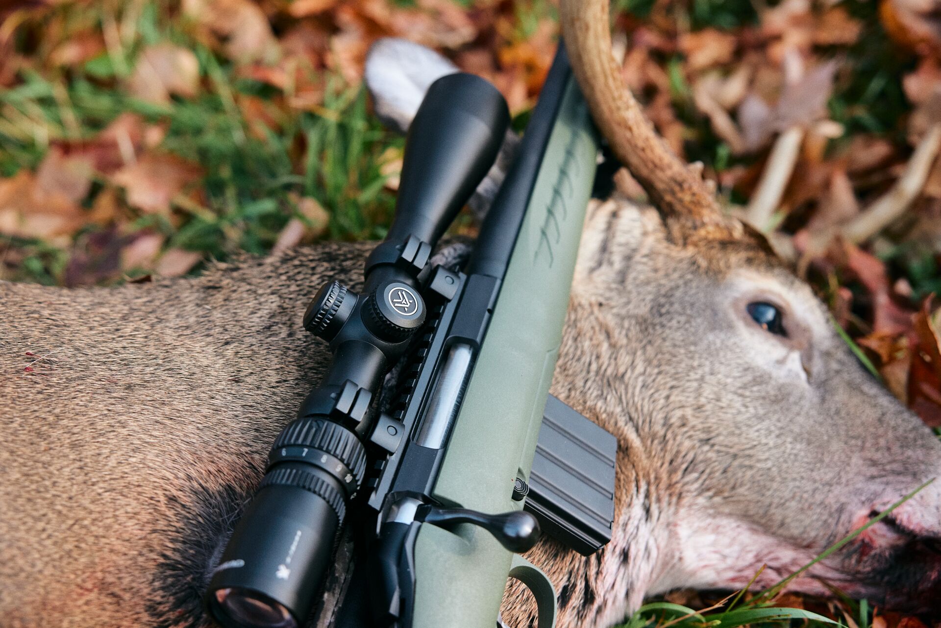 A rifle lays on a deer's head on the ground after a kill shot. 