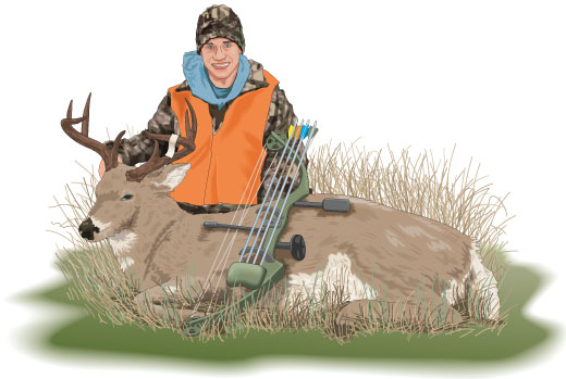 An illustration of a hunter tagging a deer. 