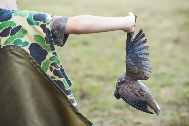 A child in camo holds a dove after a hunt. 