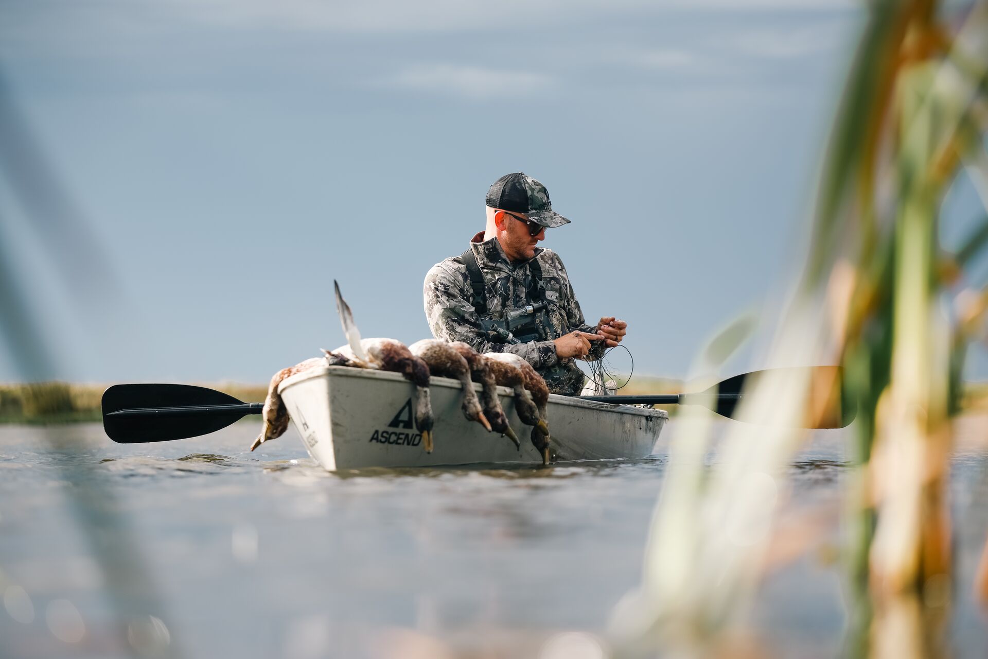 Hunter with geese in a canoe on the water.
