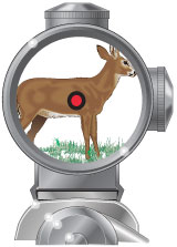 Illustration of a shot on a deer through a scope. 