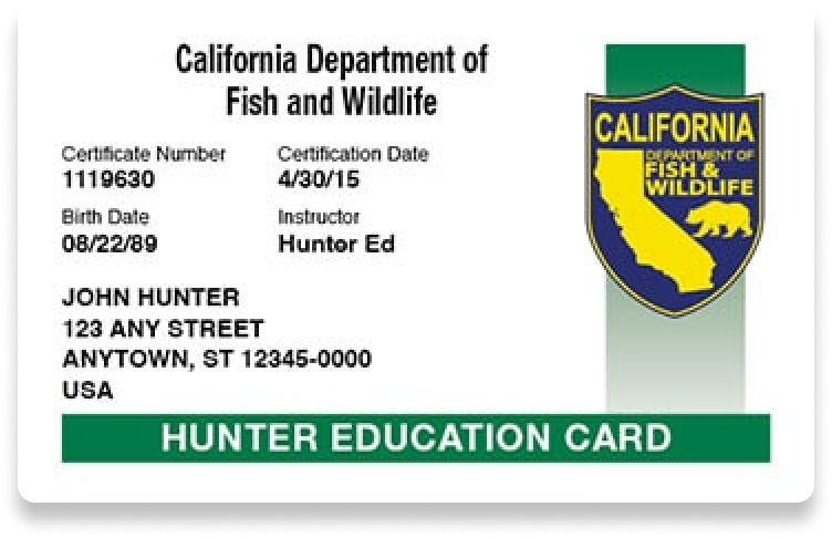 Image of the California hunter card, received once hunters complete the hunter education course California. 