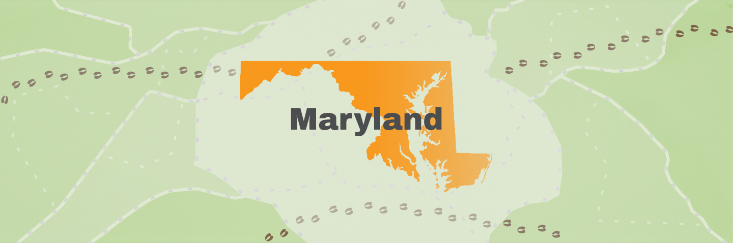Map showing state of Maryland, take the Maryland hunter education course concept.