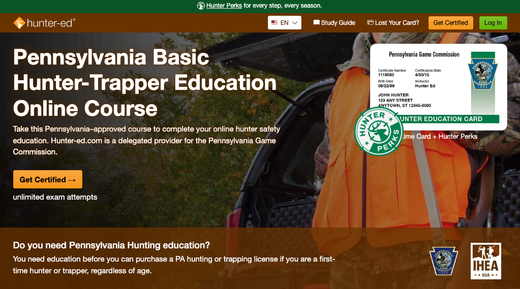 Hunter-Ed Pennsylvania hunter education course page.