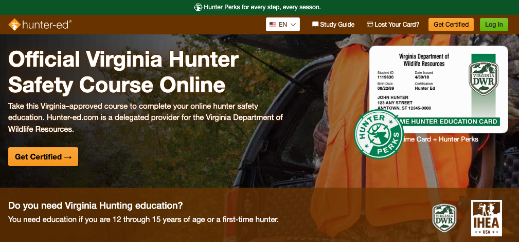Virginia hunter education course page for Hunter-Ed
