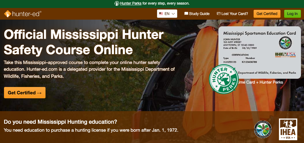 Mississippi Hunter-Ed hunter education course page.