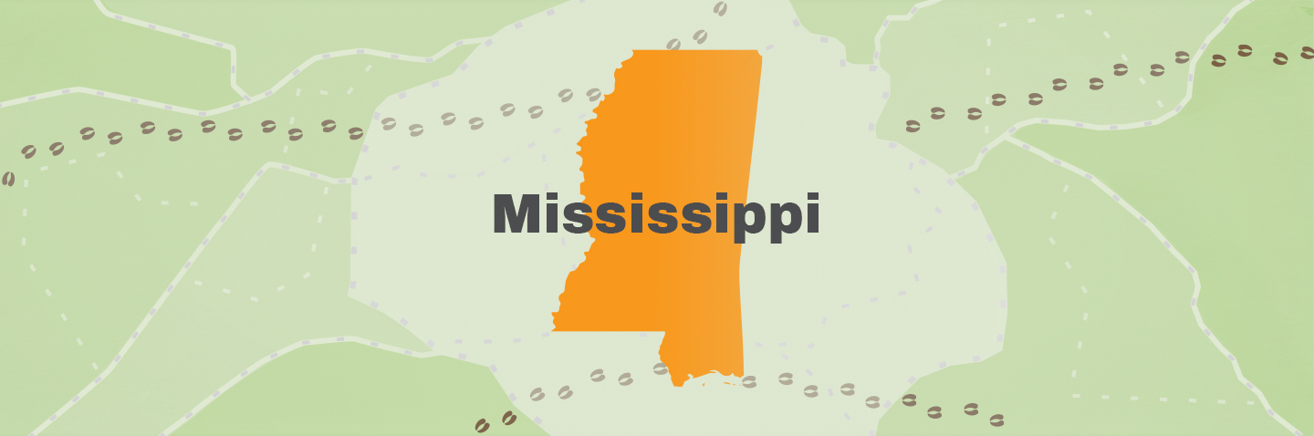 Map showing state of Mississippi, take the Mississippi hunter education course concept.