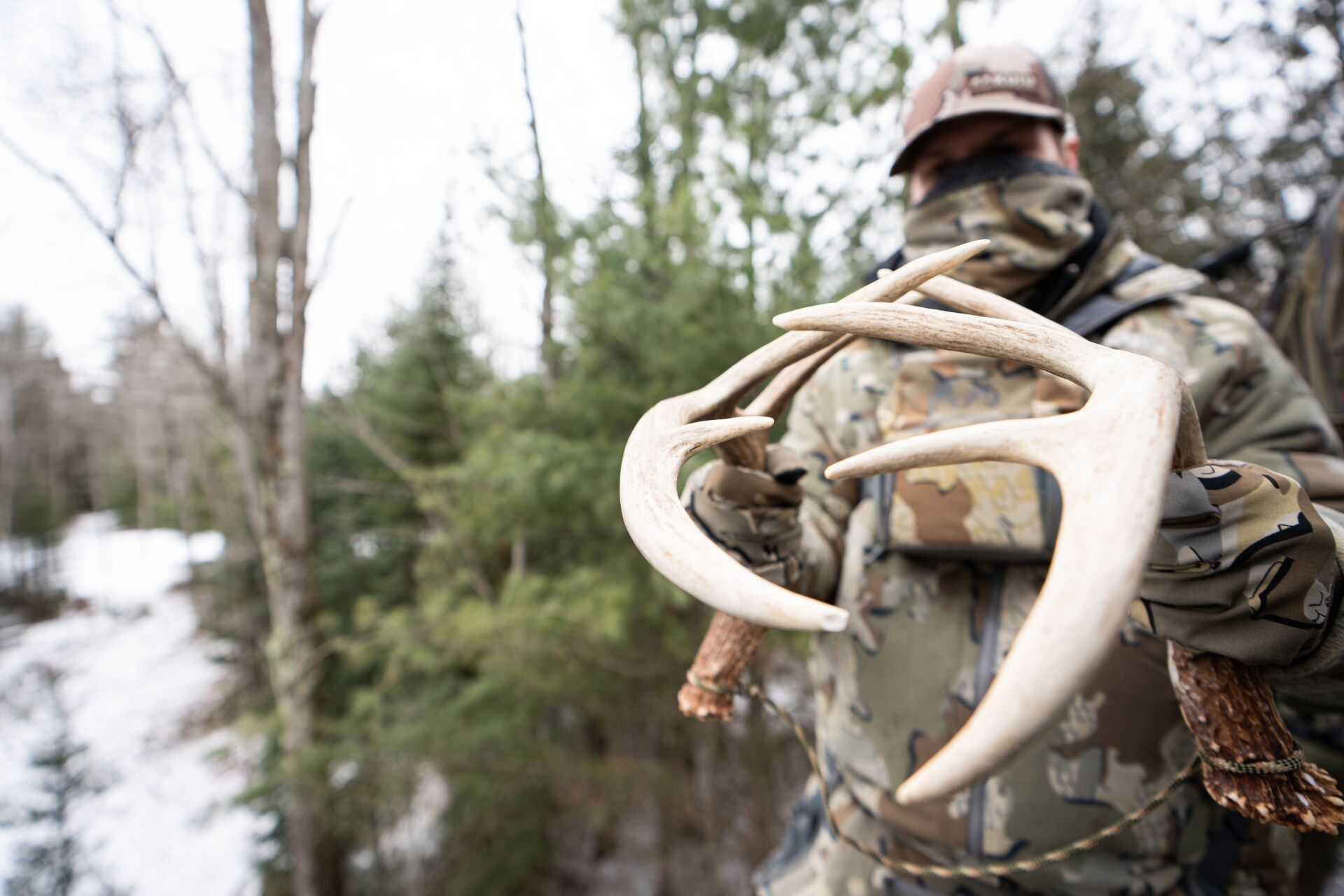 Hunter in camo holding shed antlers. 