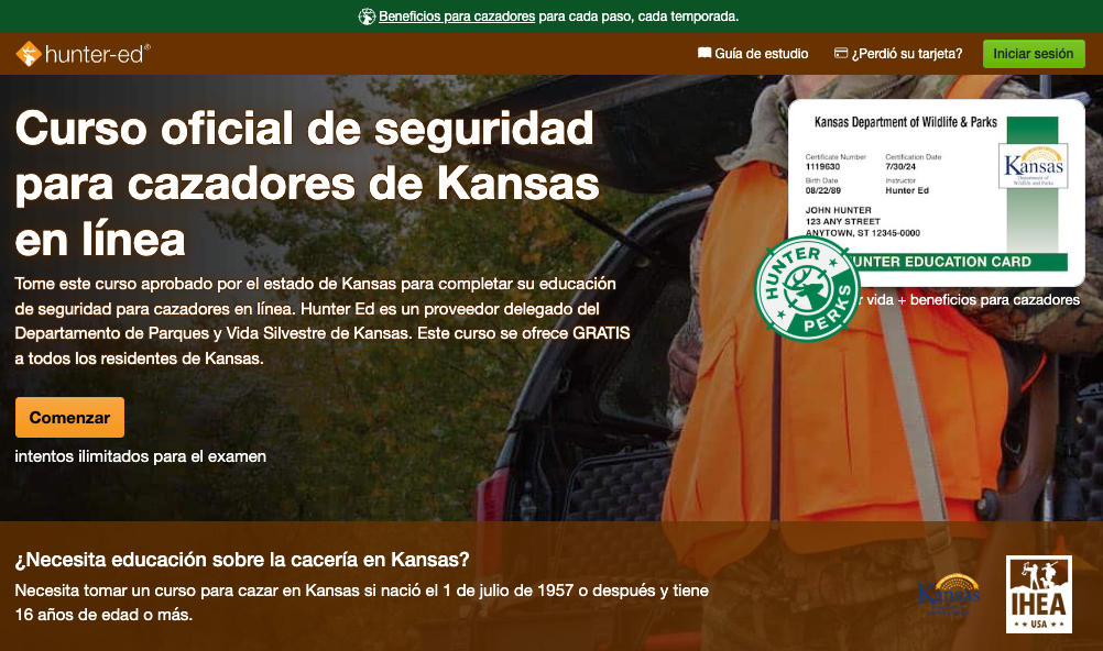 Kansas hunter education course page in Spanish for Hunter-Ed.