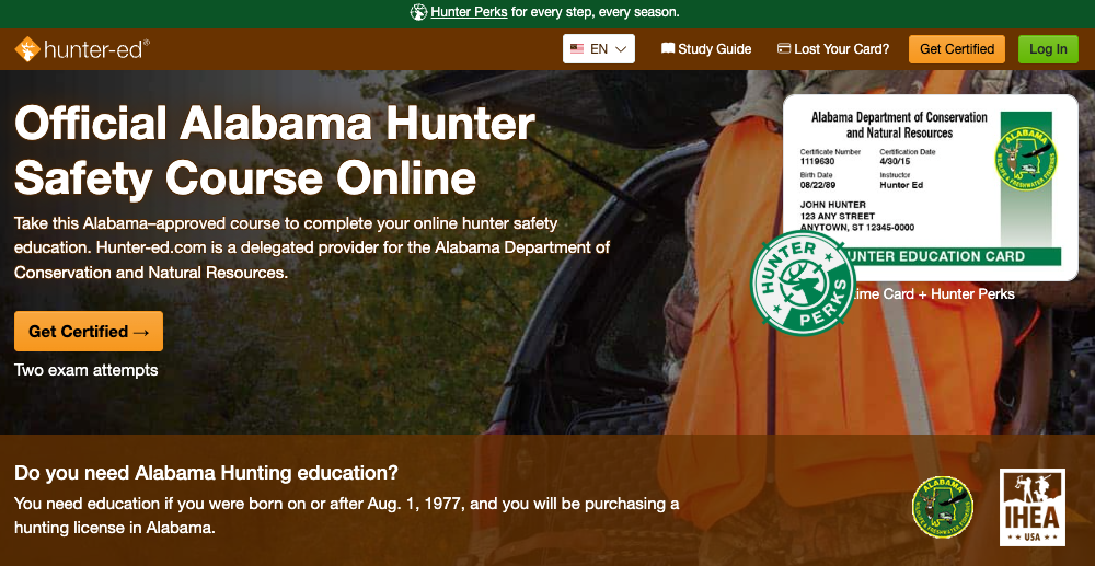 Hunter-Ed course page for the Alabama hunter education online course.