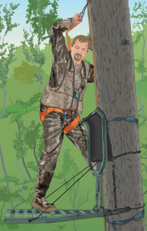 An illustration of a hunter applying tree stand safety.