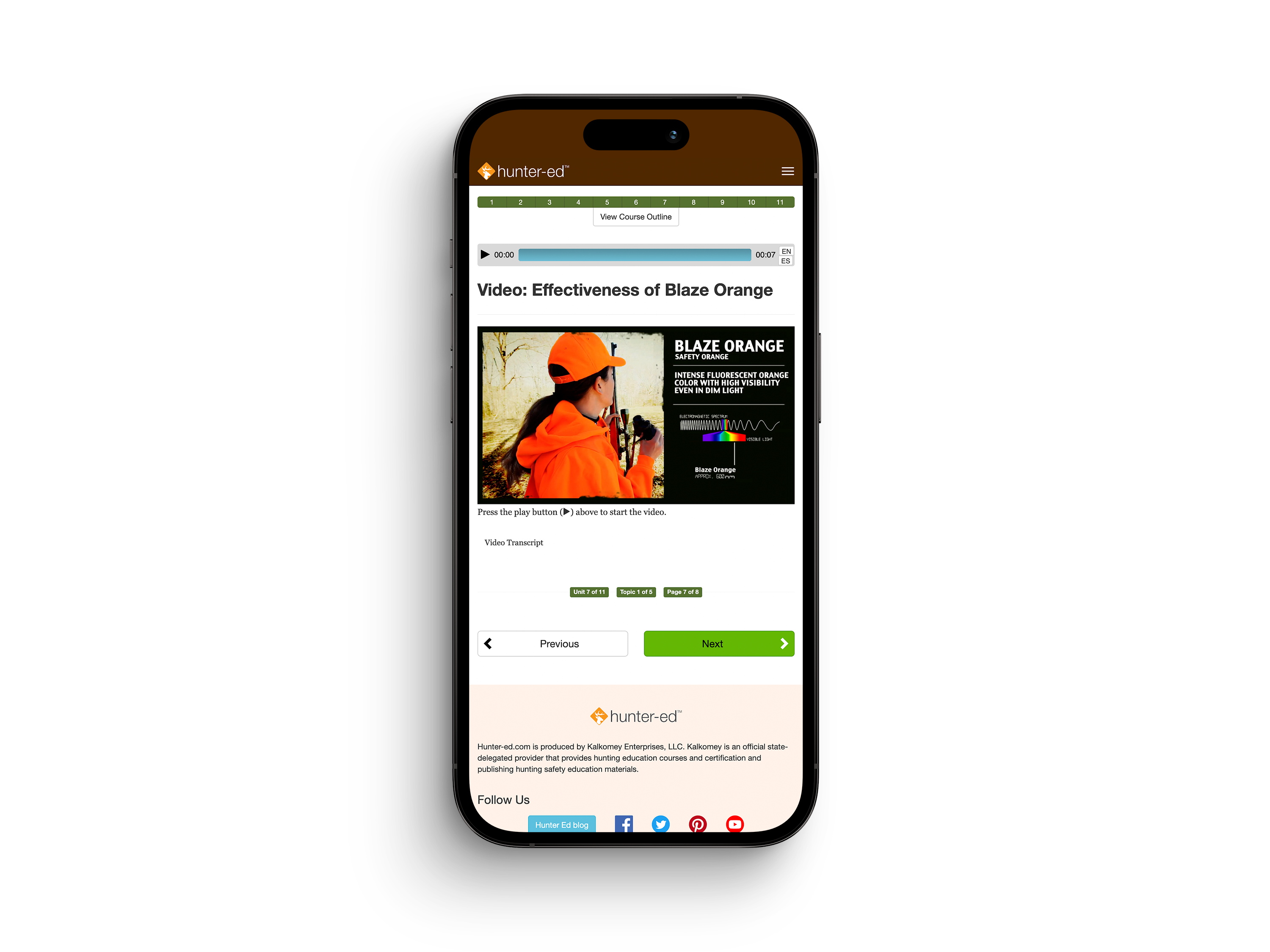 Screenshot of a Hunter-Ed course on a mobile device, take a hunter safety course concept. 