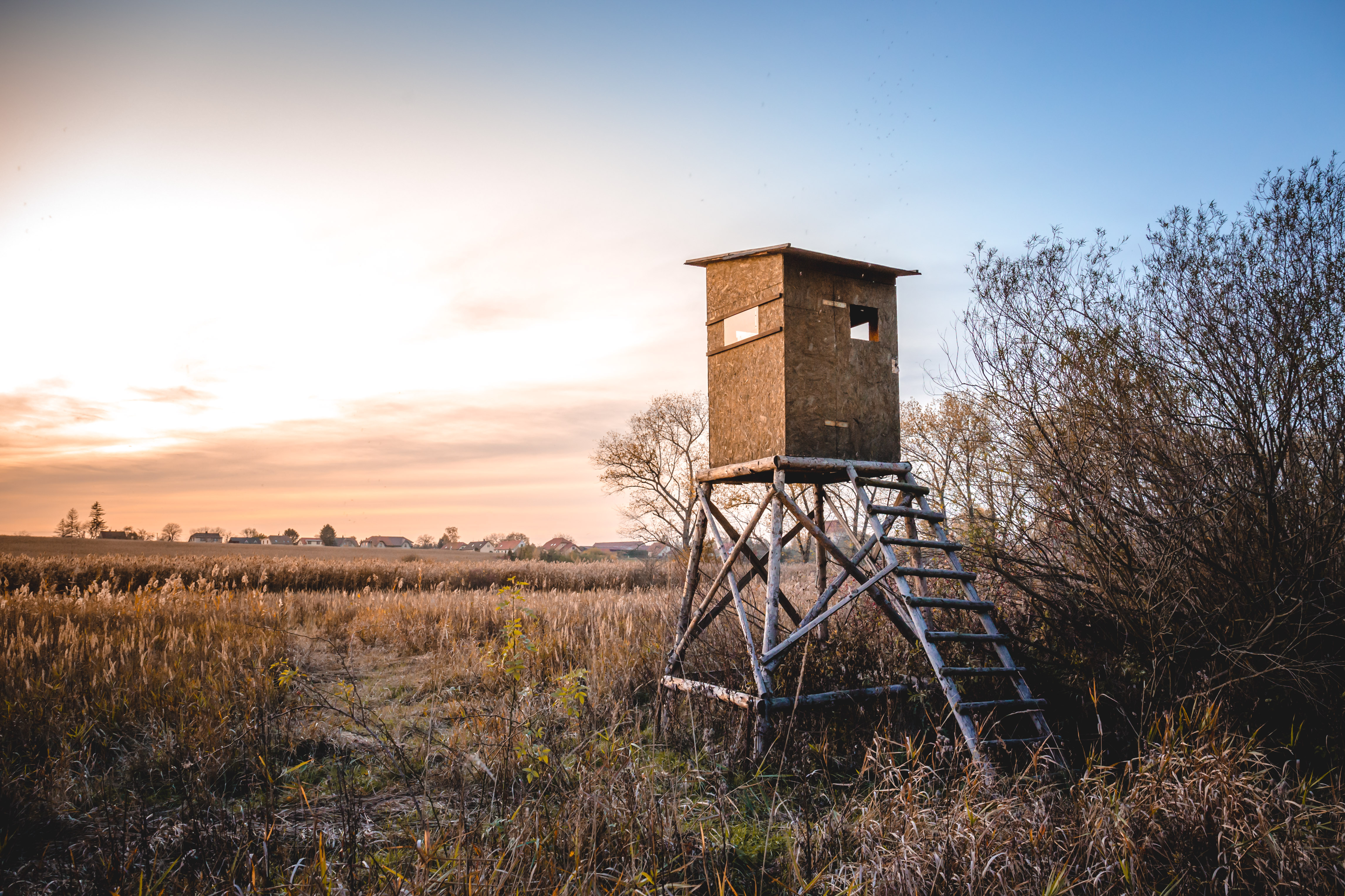 A deer stand in a field, gear for hunting concept. 