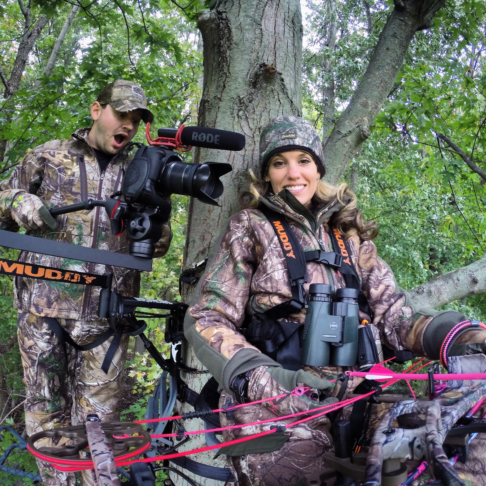 A man and woman in hunting camo, how to hunt safely with someone you love concept. 