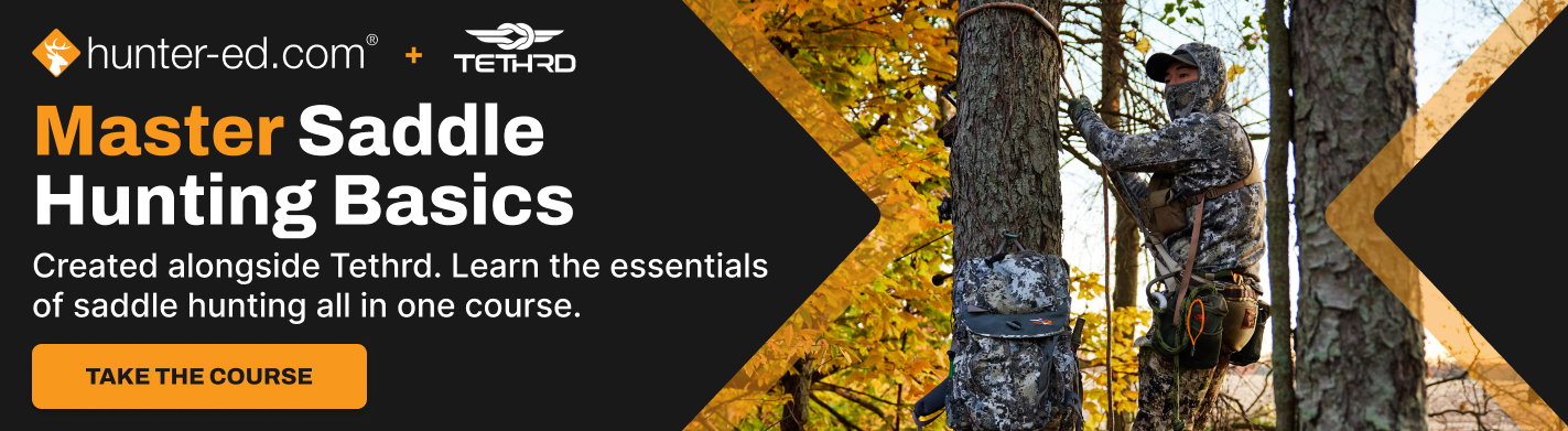 Banner showcasing a saddle hunting course from Tethrd and Hunter-Ed.