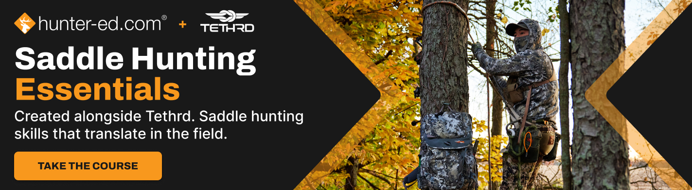 Banner showing the Saddle Hunting Essentials course from Hunter-Ed and Tethrd.