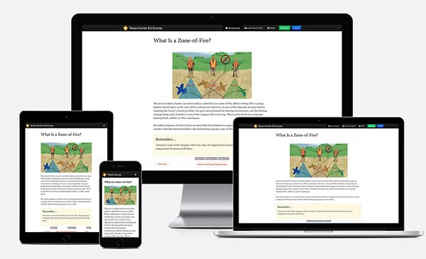 Hunter-Ed courses shown on mobile and computer screens, hunting safely for wild game concept. 