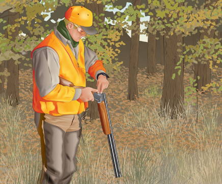 Illustration of a hunter unloading a firearm, firearm safety concept. 